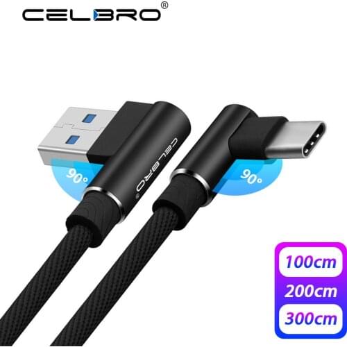 90 Degree USB Type-C Fast Charging Cable Nylon Braided Quick Charge QC 3.0 Mobile Phone Tipe C USBC Data Charger Cabel 1m 2m 3m