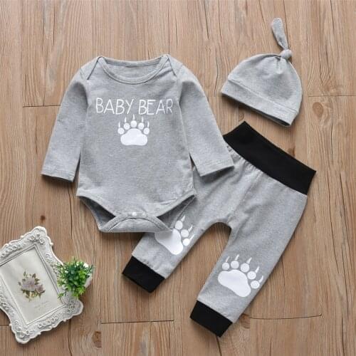 Hot Fashion Baby Boys Birth Clothing Sets Animal Paw Bodysuit For Newborns+Elastic Pants+Hat 3pcs Toddler Suits