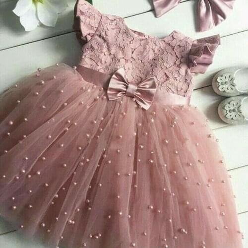 Toddler Kids Baby Girls Flower Dress Lace Pearl Princess Dress Party Pageant Bowknot Tulle Tutu Dress 2-7 Years