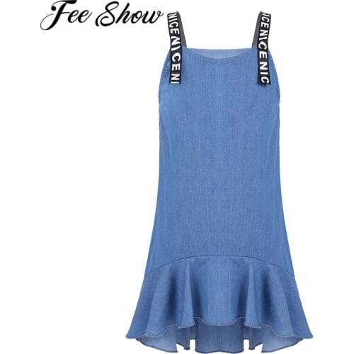 Summer Kids Dresses For Girls Princess Sleeveless Letter Print Shoulder Straps Ruffle Denim Dress Casual Children Clothing
