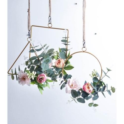 Metal Geometric Garland Home Hanging Wreath Decoration Artificial Rose Flower Ring Holder Wall Hoop Wall Hanging Ornament