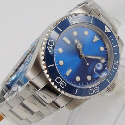 40mm 24 Jewels NH35 Automatic Men Watch Blue Sunburst Steile Dial without Magnifier Oyster Strap Brushed Insert