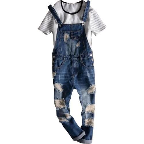 2020 New Male Suspenders New Casual Light Blue Denim Overalls Ripped Jeans Pockets Mens Bib Jeans Boyfriend Jumpsuits Size 5XL