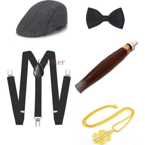 Costume Accessories Mens 1920s 20s Gangster Set Hat Braces Tie Cigar Gatsby Kit Necklace