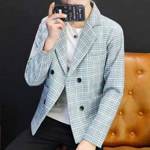 2022 Men 'S Autumn And Winter Leisure blazer Youth Loose Plaid Double Breasted Youth Handsome blazer