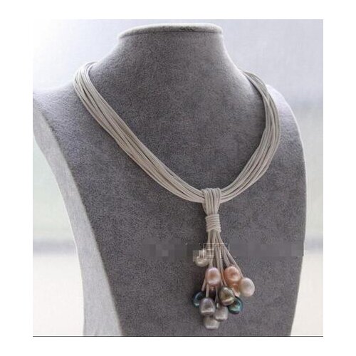 New 15 Strands leather white pink black gray pearls Choker necklace pendant