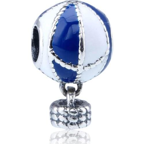 Authentic S925 Silver fit Lady Bracelet Bangle Blue & White Enamel Up & Away Hot Air Balloon Pendant Bead Charm