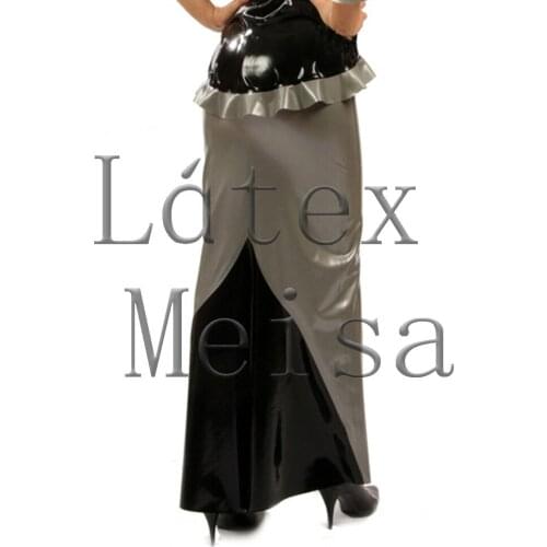 Casual womens handmade straight latex skirt with angle-length main in silver color