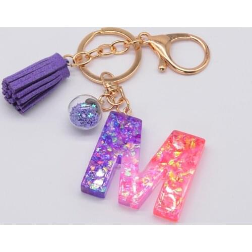 Transparent Acrylic Colorful Sequins Tassel Keychain Fashion Bag Pendant Women Golden Lobster Clasp 26 English Letters Key Ring