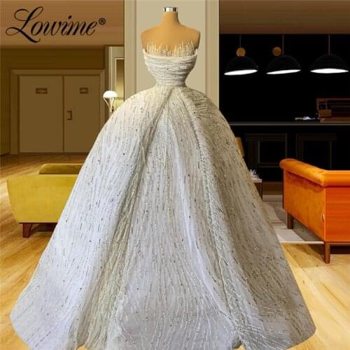 Lowime Luxury Beading Evening Dresses Dubai Strapless A Line Sequined Arabic Plus Size Customized Party Dress Long Prom Dresses