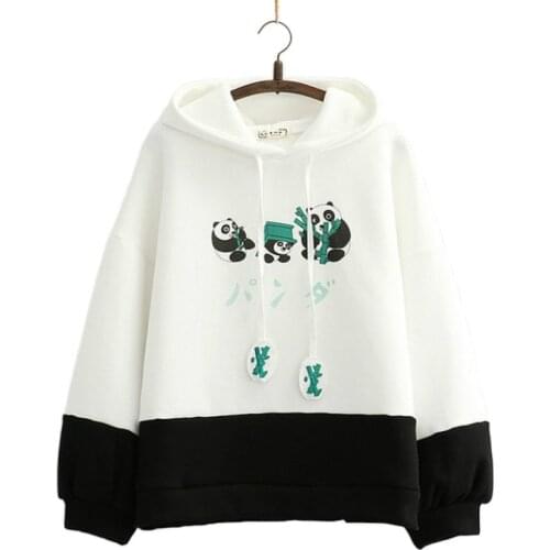 Fleece Women Cartoon Panda Print Cute Hooded Sweatshirts Casual Long Sleeve Hoodies Sweet Style Teen Girls Cute Kawaii Warm Tops
