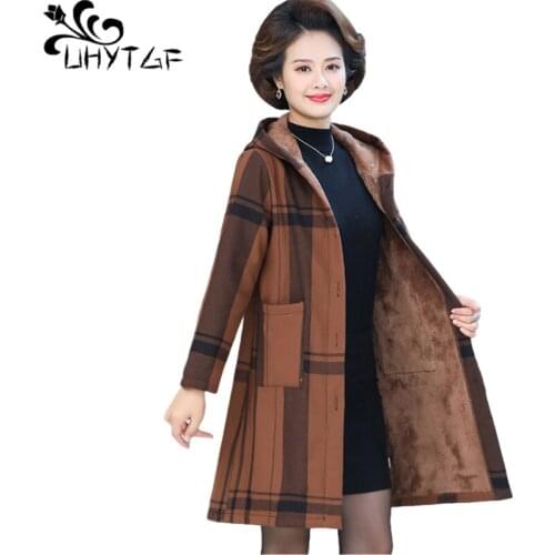 UHYTGF Women Autumn Winter Coat Mid-Length Hooded Windbreaker Female Fashion Plaid Plus Velvet Warm Large Size CottonJacket 1361