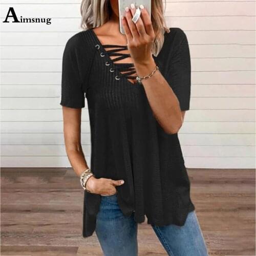 Plus Size 4xl 5xl Women Elegant Leisure Casual T-shirt Sexy Bandage V-neck Loose Womens Top 2021 Summer Tee Shirt Femme Clothes