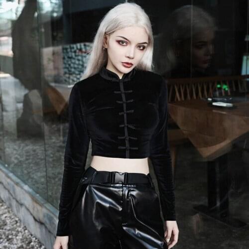 Women Bodycon Crop Tops Gothic Punk Stlye Harajuku Black T-shirts Streetwear Fashion Chinese Cheongsam Sexy Female Short Top