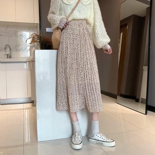 Woman skirts 2021 new high waist all-match long retro velvet pleated floral A-line skirt long skirts for women