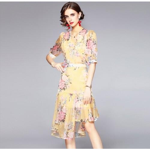 Women Summer Designer Elegant Yellow Floral Print Two Piece Sets Female V Neck Short Top+Fashion Lace-Up Irregularity Skirt Sets