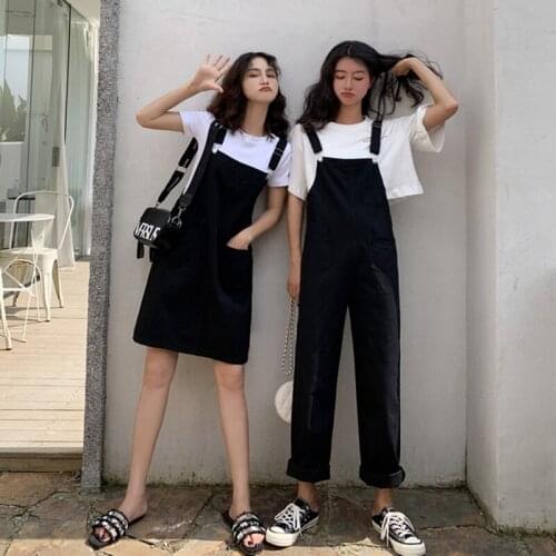 Korean Version Of Womans Denim Overalls + Thin Sloppy Skirt Girlfriend Skirt Pure Black And Yellow Wild Preppy Style Jumpsuit