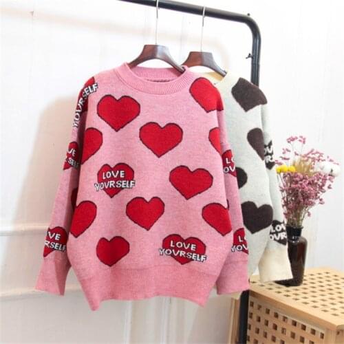 Women Oversized Sweater and Pullovers Oneck Sweet Heart Letters Printed Pull Jumpers Long SLeeve Pink Streetwear Knit Tops