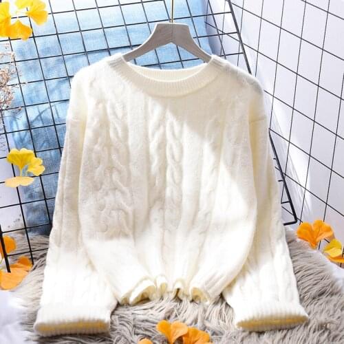 White Twisted Knitted Women Sweater And Pullovers Solid O-Neck Flare Sleeved Loose Lady Elegant Pulls Outwear Tops