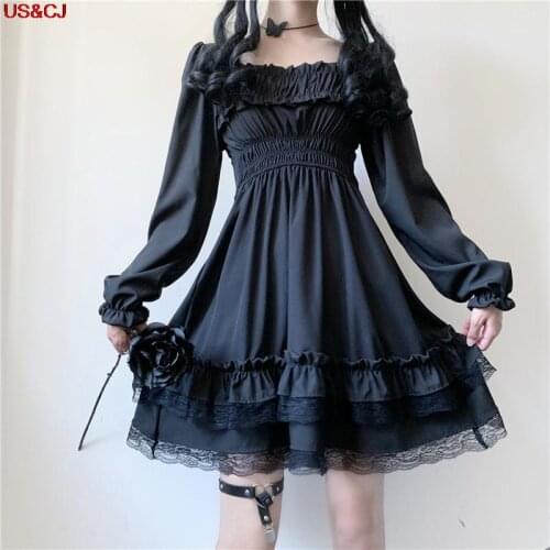 2021 Lolita Style Women Princess Black Mini Dress Lace Ruffles Party Dresses Slash Neck High Waist Gothic Dress Puff Sleeve