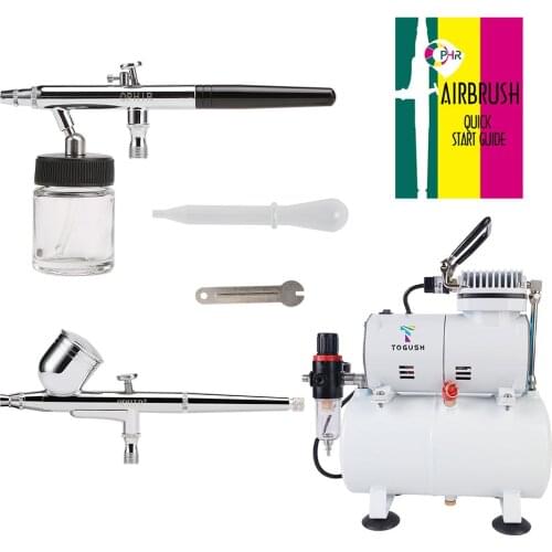 OPHIR 2x Dual-Action Airbrush Kit 0.3mm 0.35mm Spray Gun & Air Tank Compressor for Cake Decoration Model Painting AC134+004A+072