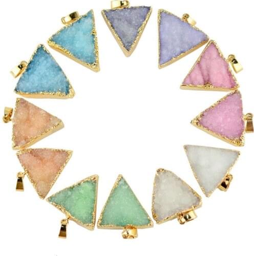 25*27mm Druzy Reiki Healing Natural Gem Stone Jewelry Gold color Triangle Natural Stone Pendant for Girl Christmas Gift