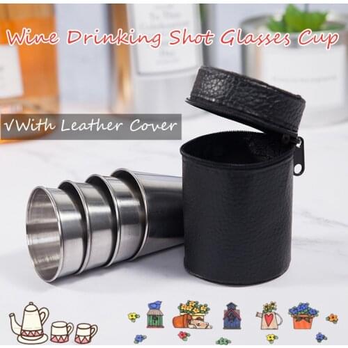 4Pcs/Set Stainless Steel Wine Drinking Shot Glasses Cup With Leather Cover Case Bag Barware For Home Kitchen Bar Whisky Wine