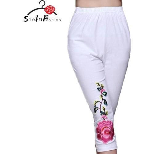 Ethnic Trousers Summer Fashion Ladies Flower Embroidery Elastic Pencil Pant Leggings Women Pants Plus Size M L XL 2XL 3XL 4XL