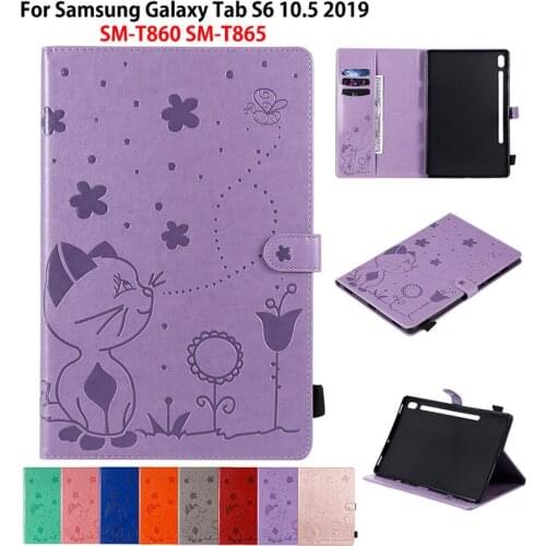 Case For Samsung Galaxy Tab S6 10.5 2019 Cover SM-T860 SM-T865 T860 T865 Funda Tablet Cat Bee Embossed Flip Stand Capa +Gift