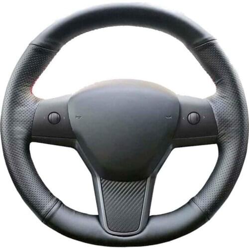 Car Steering Wheel Cover Hand-Stitched Black Black Artificial Leather Car Steering Wheel Covers For Tesla Model 3 2017-2019