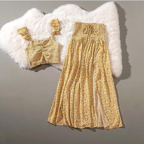 Cthink Good Quality Flower Print Maxi Skirt And Crop Tops Two Piece Set Women Elegant Split Hem Summer Floral 2 Piece Set Women