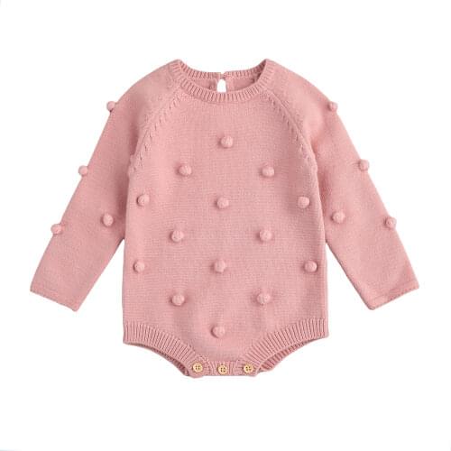 Infant Newborn Baby Girls Knitted Balls Romper with Ball Decorations, Solid Color Long Sleeve O-neck Jumpsuit for Spring, Fall
