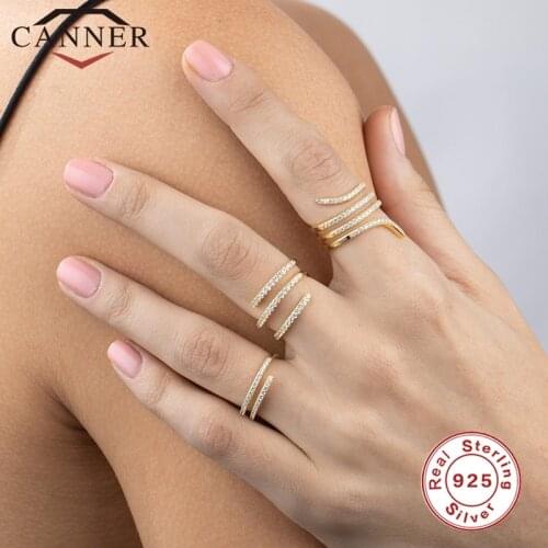 CANNER 925 Sterling Silver Rings for Women Single Row Zircon Round Geometric Opening Ring Wedding Fine Jewelry Minimalist Gift