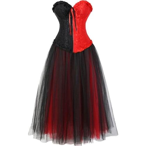 Red and black corset costume zipper front bustier corset dress long with skirt set burlesque halloween exotic plus size korsett