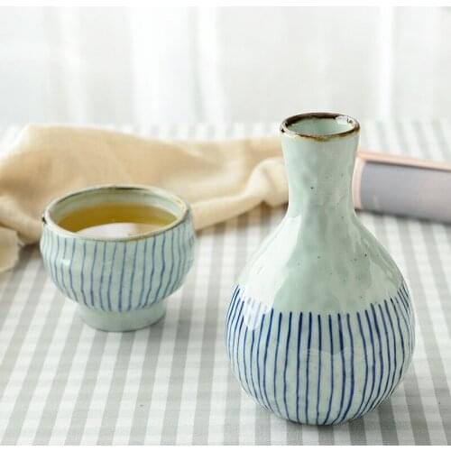 Round Striped Sake Hip Flask 400Ml 1 Pot 2/4 Cups Shochu Wine Set Japan Korean Creative Hand-Painted Ceramic Bar Set