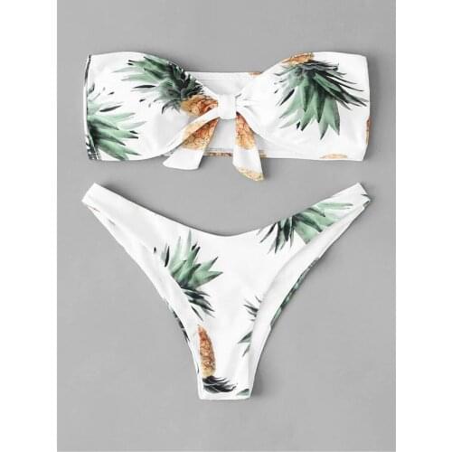Bowknot Tube Up Bikini Set Tropical Leaves Printed Sexy Swimwear Women Split Swimsuit Female Sexy Beachwear Bañadores Mujer 2021