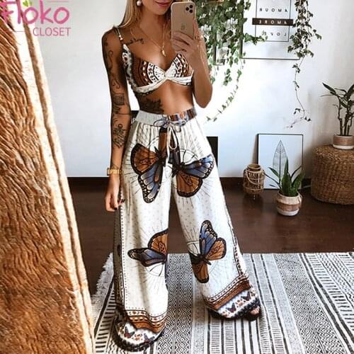 Flokocloset 2021 Summer Sexy Beach Print Pant Suits Women Spaghetti Strap Crop Top and Wide Leg Pants Two Piece Set