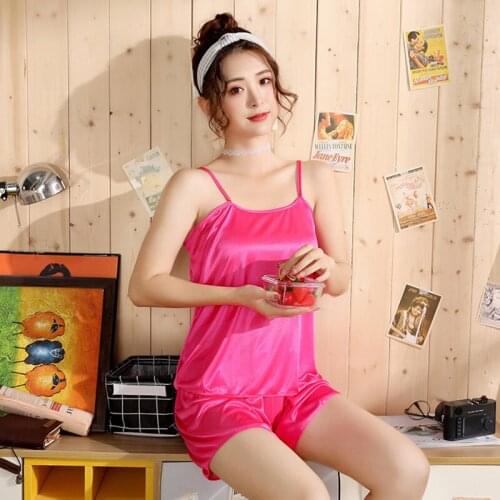 Summer Ice Silk Suspender Shorts Two-piece Pajamas Sexy Loose Home Wear Womens Pajamas Set Pyjamas Women Night Gown Sleepwear