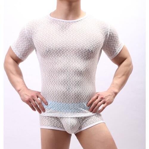 Mens Mesh See-through Fishnet T Shirt Fashion Sexy Short Sleeve Nightclub Wear T-shirt Men Party Perform Streetwear Tops
