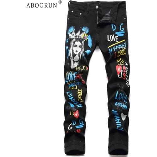 ABOORUN Mens Fashion Graffiti Letter Printed Jeans Black Elastic Straight fit Denim Pants Streetwear for Male