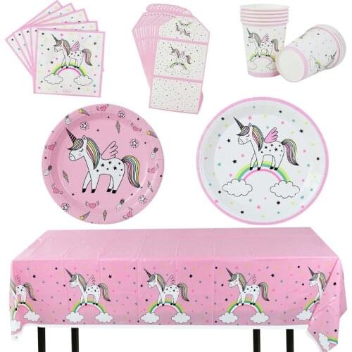 Unicorn Theme Tableware Set Tablecloth Cowhide Paper Disposable Plates Cups For Kids Girl Birthday Party Baby Shower Supplies