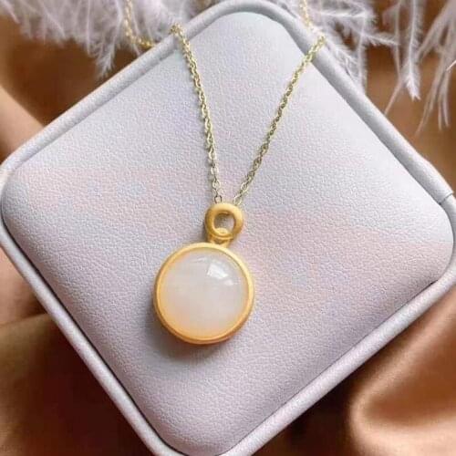 New Silver Natural Hetian white jade Round Pendant Necklace Chinese style retro minority design simple womens brand jewelry
