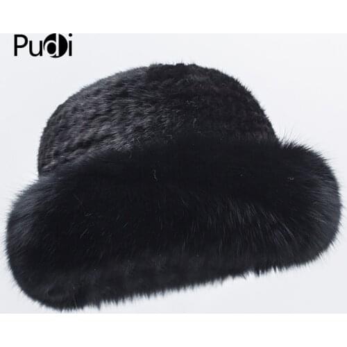 Pudi HF7035 Women Mink Fur Hat Fox Fur Cap Female Winter Warm Natural Fur Beanies