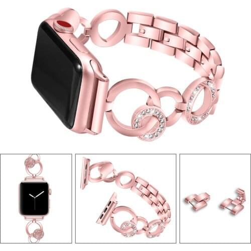 Stainless Steel band for Apple Watch 38mm 42mm 40mm 44mm Diamond Strap Rose Gold Pink Women Replace Watchband for iwatch 5 4 3 2