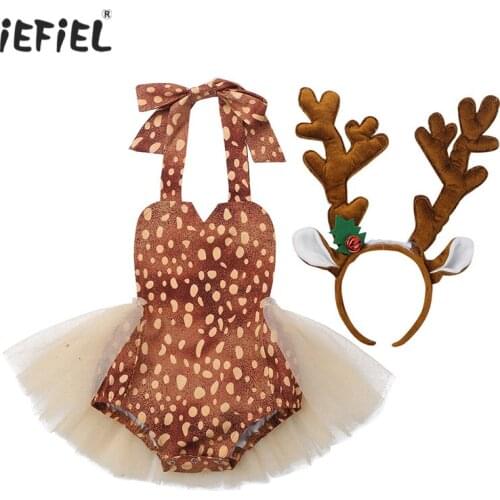 Newborn Baby Girls Christmas Elk Costume Sleeveless Halter Neck Backless Romper Dress with Hair Hoop for Xmas Party Dress Up