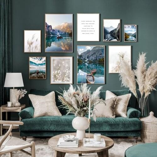 Scandinavian Travel Landscape Canvas Painting Mountain Boat Grass Nordic Poster Print Wall Art Picture Modern Living Room Decor