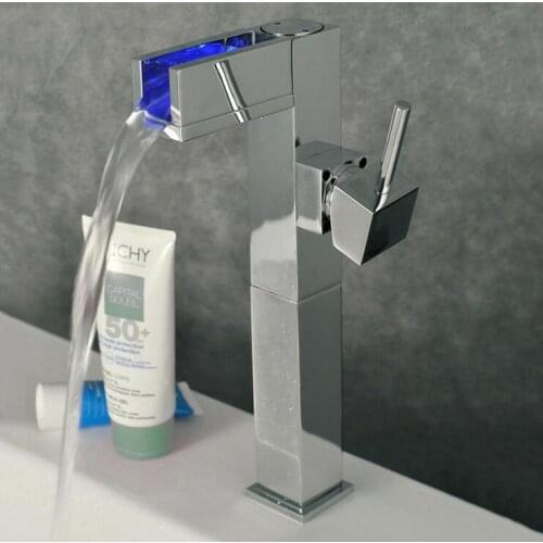 3 Colours change bathroom water basin faucet mixer, Copper single handle waterfall basin faucet, Chrome plated basin faucet LED