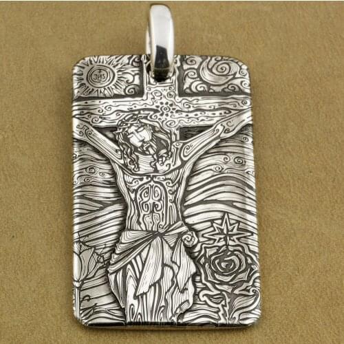 High Details Deep Laser Engraved Jesus Crucifix Cross 999 Pure Silver Pendant Mens Biker Rock Punk Pendant 9X037S