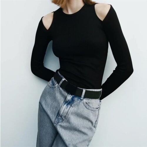 ZXQJ Women 2021 Fashion Hollow Out Shoulders Ribbed T-shirt Vintage O Neck Long Sleeve Female Pullovers Chic Tops