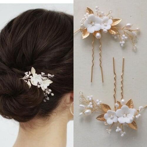 Floralbride Handmade Wired Alloy Ceram Flower Pearls Bridal Hair Pins Wedding Hair Stickers Hair Accessories Women Hair Jewelry